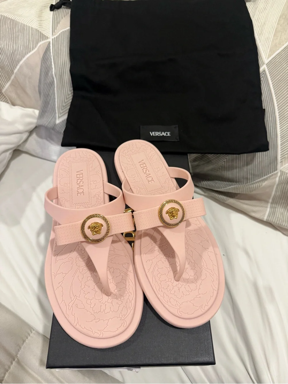 Versace Blush Pink Medusa Strap Thong Sandals